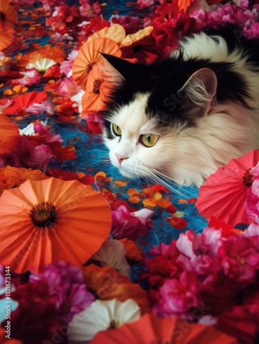 A serene cat rests among vibrant flowers, creating a tranquil and colorful scene, Ideal for illustrating themes of relaxation, beauty, or nature, this image can enhance blogs, marketing materials