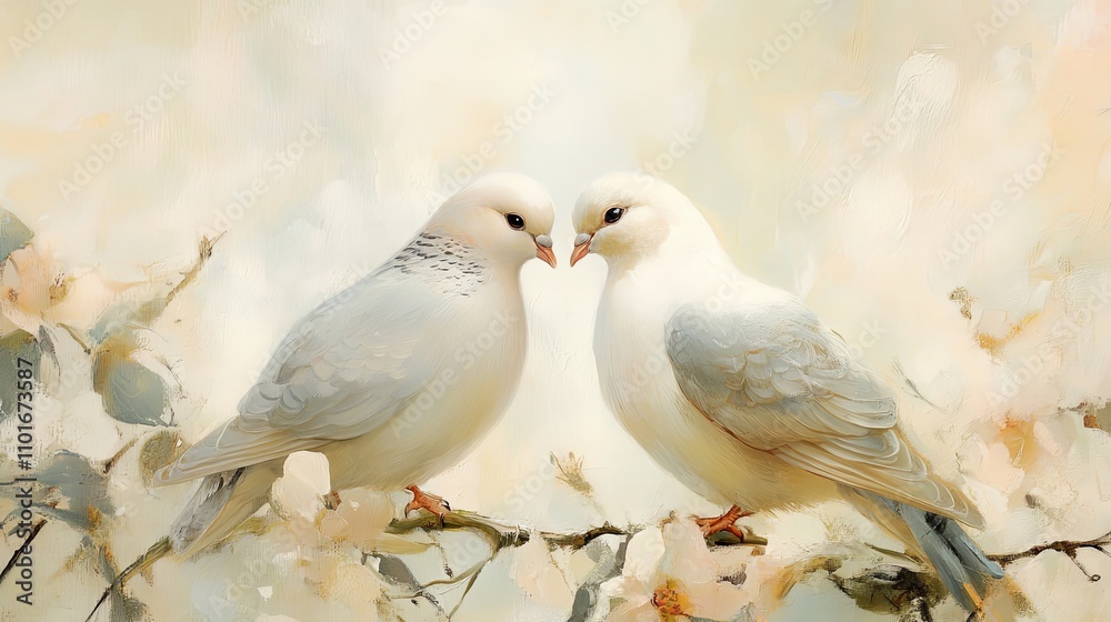 A Tender Moment Between Two Doves in Pastel Colors A Tender Moment Between Two Doves in Pastel Colors