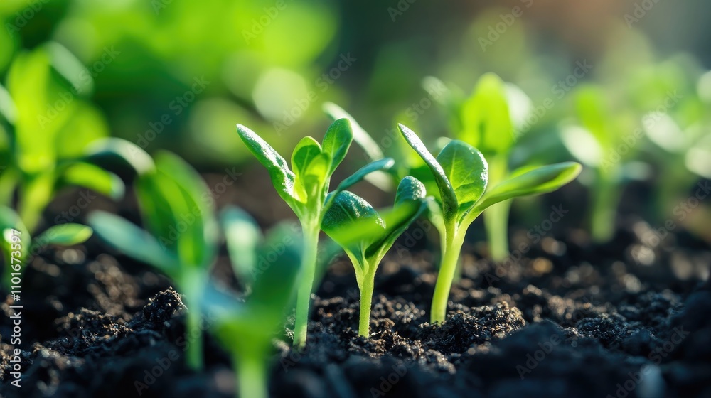 Close-up of vibrant young green plants emerging from rich dark soil symbolizing new growth and agricultural development. Close-up of vibrant young green plants emerging from rich dark soil symbolizing new growth and agricultural development.