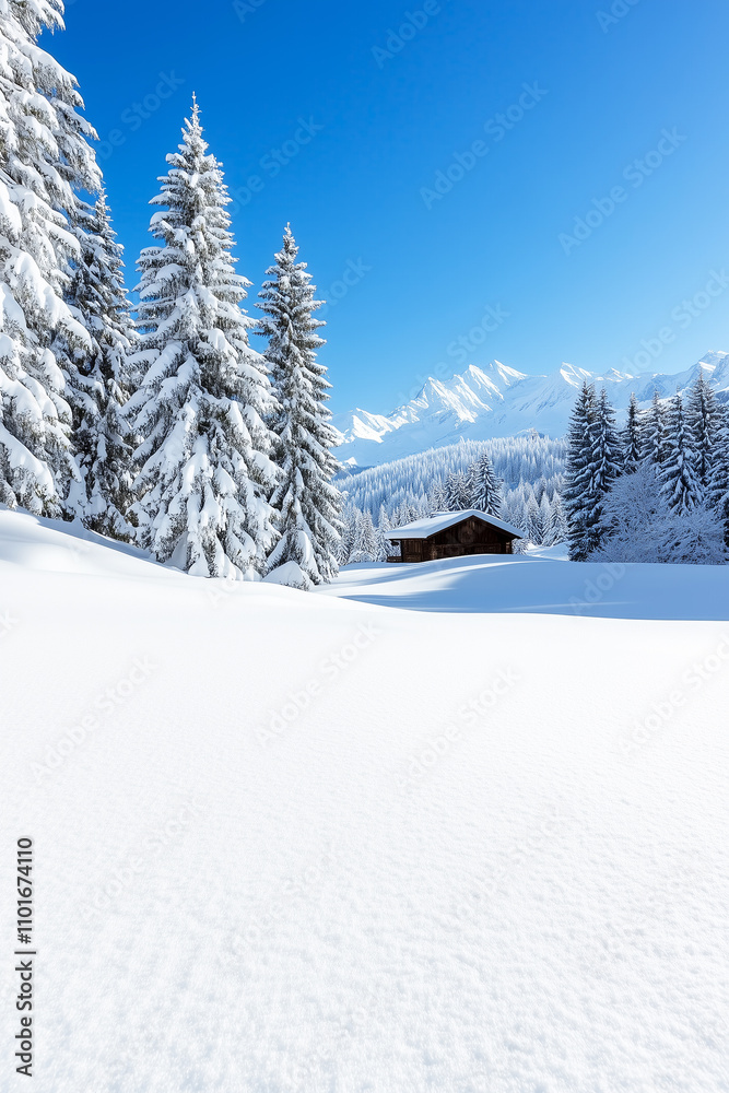 Fototapeta premium Winter wonderland landscape with wooden cabin among snow covered fir trees and mountains in the background