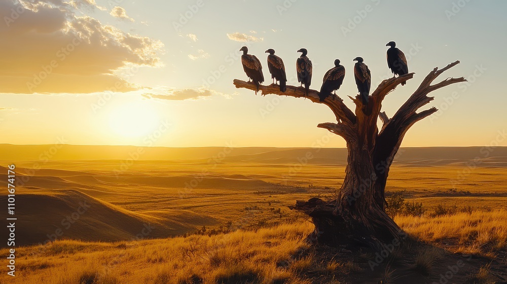 Majestic Vultures Perched on a Weathered Tree at Sunset Over a Serene Landscape Captured in Golden Light, Symbolizing Nature's Resilience and Beauty