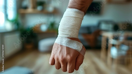 Demonstrating essential first aid for fractures by applying a bandage on an injured arm indoors