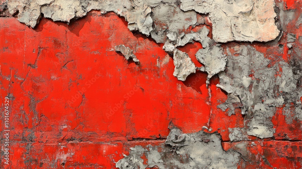 Obraz premium Crumbling red brick wall showing peeling plaster and textured surface with layers of flaking paint and weathered appearance.