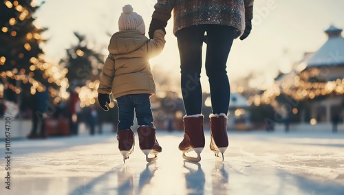  Small Child Holding Father’s Hand While Skating on an Ice Rink with Festive Christmas Lights in the Background, A Heartwarming Winter Scene