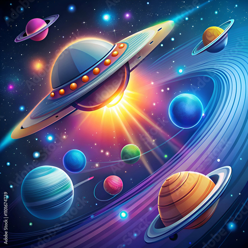 A futuristic spaceship soars through a vibrant galaxy filled with colorful planets.