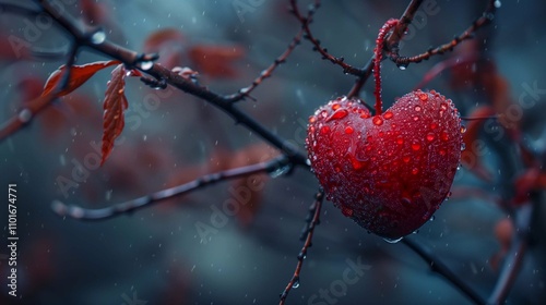 A red heart ornament hangs on a branch, surrounded by raindrops as sadness looms