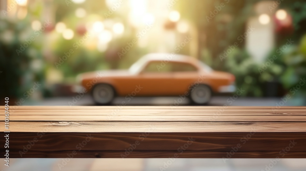 Fototapeta premium Empty wooden table in the foreground with a softly blurred background showcasing a vintage car, enhanced by warm bokeh lighting in a serene setting.