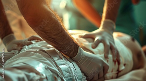 Medical staff are treating an injured person using immobilization techniques