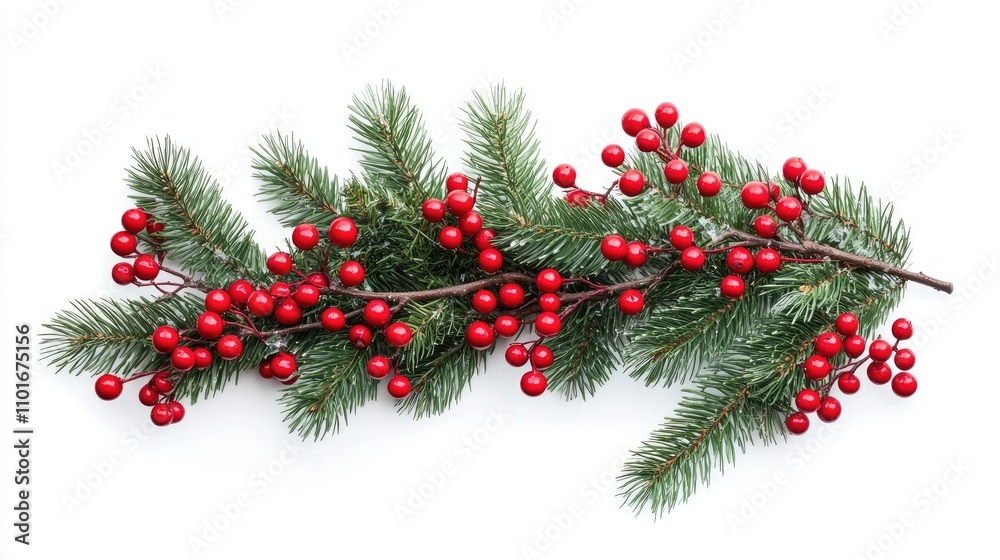 Christmas greenery branch featuring vibrant red berries against a crisp white background, highlighting a contemporary and festive aesthetic. Christmas greenery branch featuring vibrant red berries against a crisp white background, highlighting a contemporary and festive aesthetic.
