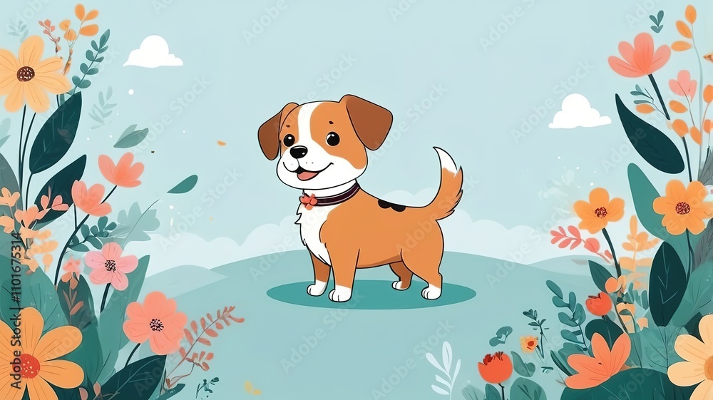Cute cartoon dog with hand-drawn floral elements, creating a minimalist and playful children's art background. Cute cartoon dog with hand-drawn floral elements, creating a minimalist and playful children's art background.