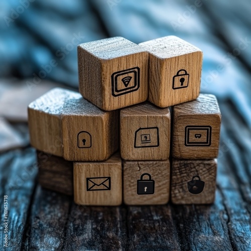 Wooden blocks spelling out cybersecurity ideas. photo