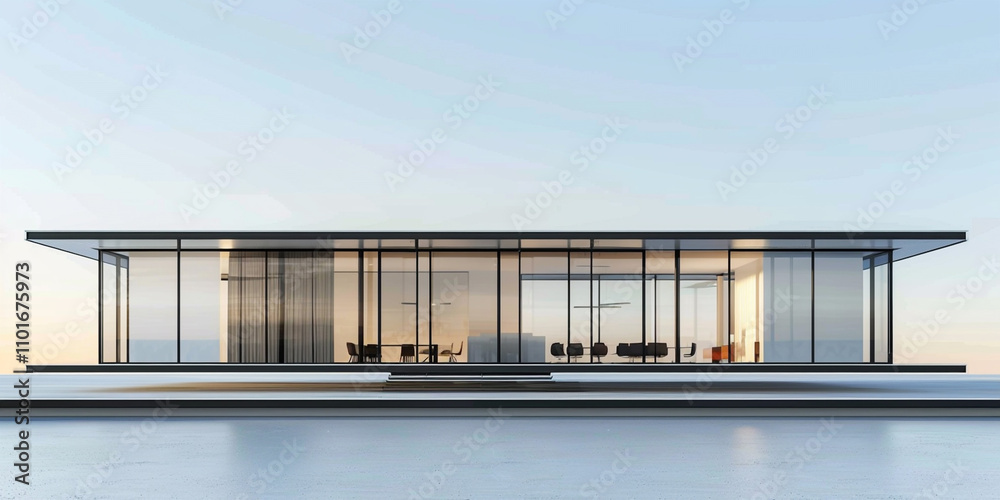 Modern glass-walled house with flat roof and minimalist design at dusk. Modern glass-walled house with flat roof and minimalist design at dusk.