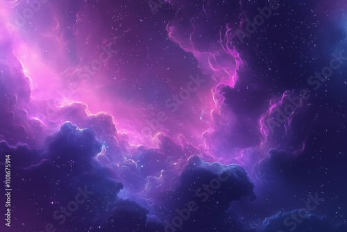 A vibrant cosmic scene with swirling clouds in shades of purple and blue, dotted with stars.