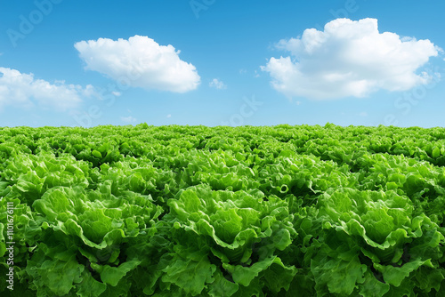 Responsible agriculture fosters organic growth. Lush green lettuce rows under bright blue sky with fluffy clouds