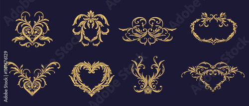 Set gold baroque, filigree ornamental. Elegant Vintage Tracery, heraldic, heart, nubes, Arabesque pattern  element. Elegant Victorian frame, border corner, floral ornament scroll engraved illustration