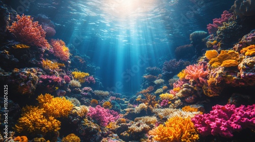 Vibrant Underwater Coral Reef Scene with Diverse Marine Life, Colorful Coral Species, and Sunlight Rays Illuminating the Ocean Floor