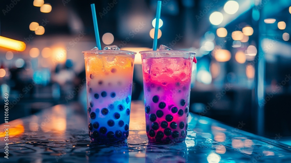 Sipping colorful bubble tea drinks at night urban beverage photography close-up view of refreshing delights in a vibrant atmosphere Sipping colorful bubble tea drinks at night urban beverage photography close-up view of refreshing delights in a vibrant atmosphere