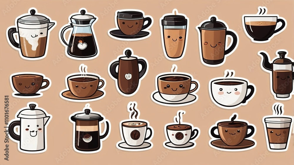Fun coffee-themed stickers with a barista character, kettles, and a cup of arabica coffee. Fun coffee-themed stickers with a barista character, kettles, and a cup of arabica coffee.