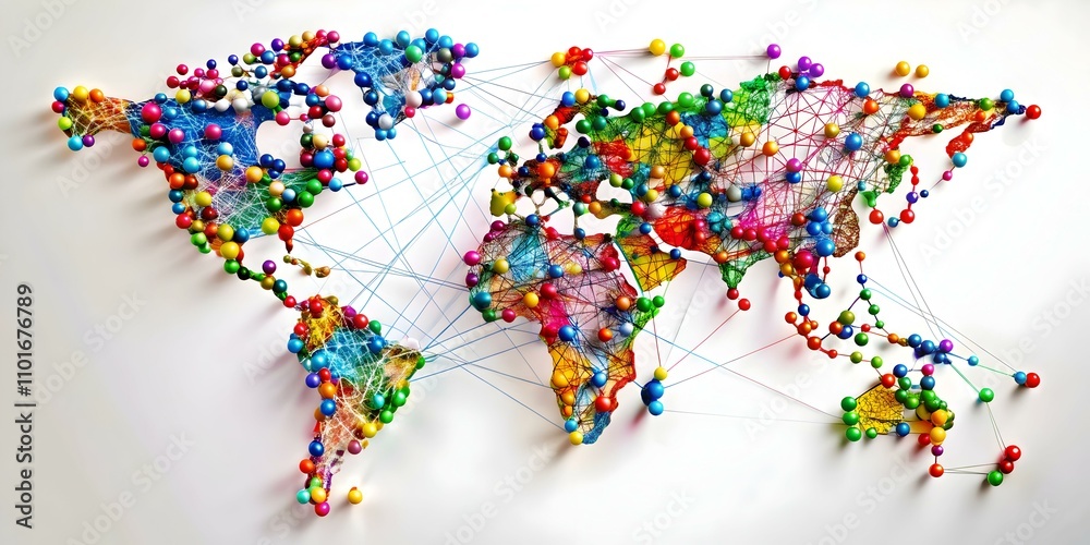 Fototapeta premium Abstract Map Colorful Interconnected Points Global Connections Diverse Communities Copy Space Stock Photo