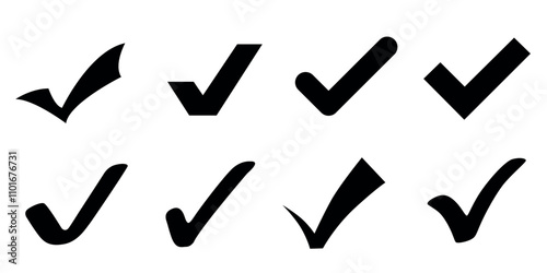 Set of black checkmark icons in various styles isolated on a white background.
