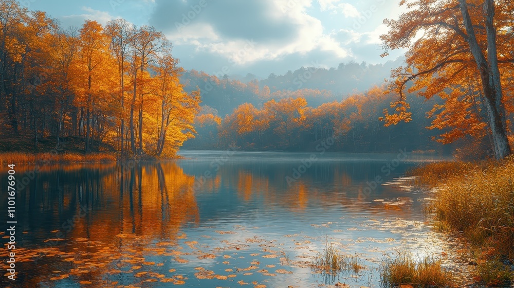 Obraz premium Serene Autumn Landscape with Vibrant Foliage Reflected in the Calm Lake