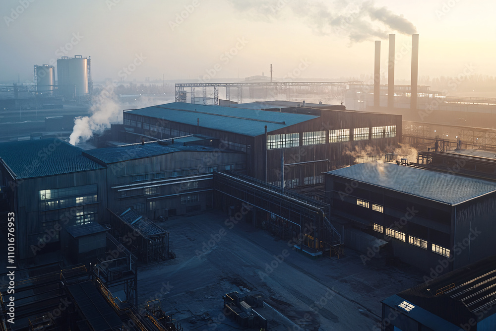 Fototapeta premium aerial view of a large industrial factory with smoking chimneys at sunrise surrounded by warehouses and machinery 