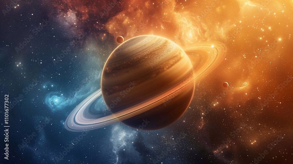 Spectacular view of Saturn with its iconic rings highlighted against a vibrant cosmic backdrop Spectacular view of Saturn with its iconic rings highlighted against a vibrant cosmic backdrop
