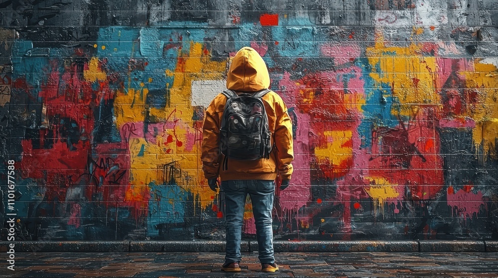 Obraz premium A Solitary Figure Before a Wall of Color: An enigmatic lone figure in a yellow hoodie stands before a vibrant, graffiti-covered brick wall, creating a powerful and thought-provoking image.