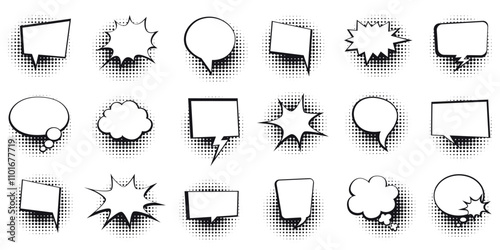 Set of various black and white halftone comic speech bubbles in different shapes isolated on a white background.