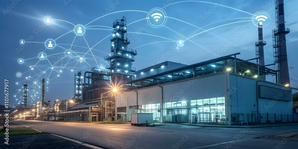 Obraz premium Glossy Manufacturing Plant with Glowing Data Connections for Digital Transformation
