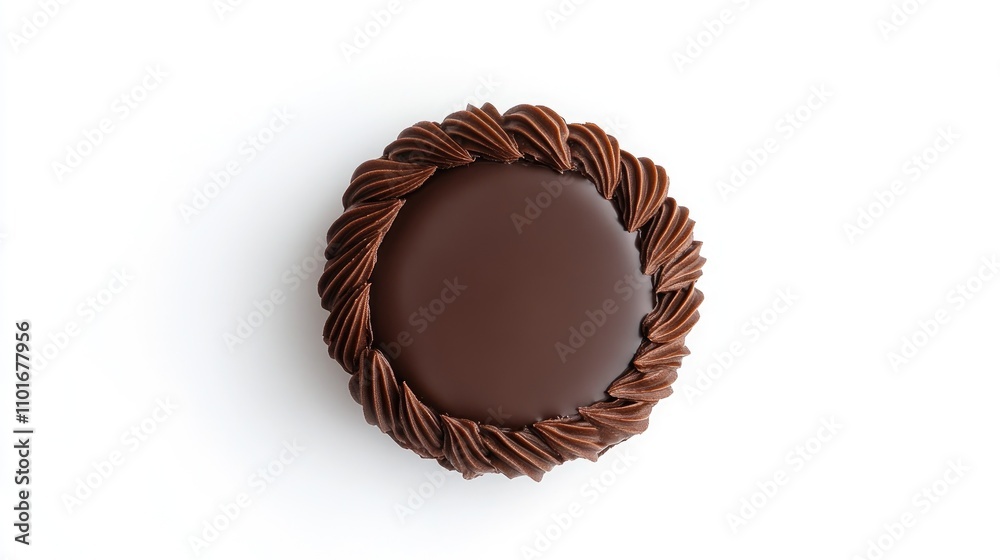 Chocolate cake topped with intricate chocolate frosting, viewed from above, showcasing a smooth surface and decorative edges against a clean white background. Chocolate cake topped with intricate chocolate frosting, viewed from above, showcasing a smooth surface and decorative edges against a clean white background.