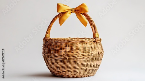 Wicker basket empty on a white background with a pretty golden bow photo