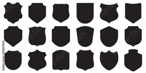 Collection of black shield icons in different shapes isolated on a white background.