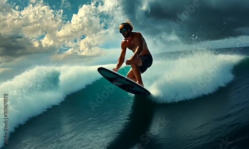 Dynamic Young Surfer Performing Incredible Trick on Vibrant Ocean Wave Against Dramatic Cloudy Sky, Showcasing Excitement and Action in Water Sports