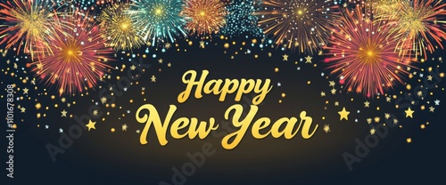 Wallpaper Mural Vibrant New Year banner featuring fireworks explosion background with golden "Happy New Year" text on a colorful night sky,perfect for web or print card, poster. Flat style vector art. Torontodigital.ca