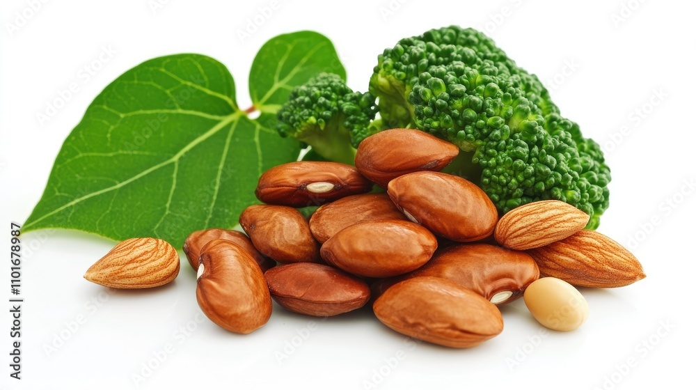 Healthy assortment of broccoli, beans, and nuts highlighting plant-based protein sources for a nutrient-rich vegan diet Healthy assortment of broccoli, beans, and nuts highlighting plant-based protein sources for a nutrient-rich vegan diet