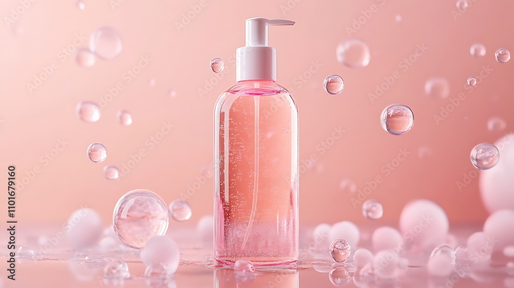 Pink cosmetic product bottle surrounded by water droplets on a pink background. Pink cosmetic product bottle surrounded by water droplets on a pink background.