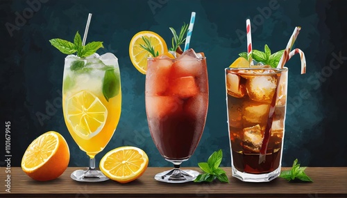 Refreshing summer cocktails, lemonade, and iced coffee with vibrant ingredients and garnishes on a transparent background â€“ perfect for design projects, menus, or seasonal promotions. photo