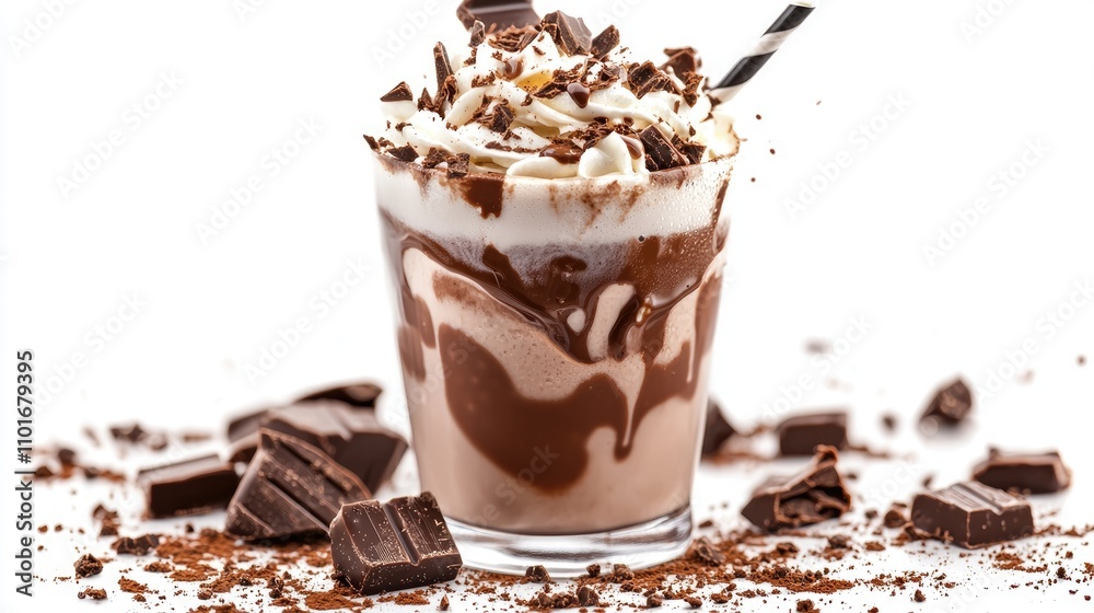 Indulgent chocolate milkshake with whipped cream and chocolate shavings, splashed artfully in a glass, surrounded by chocolate pieces on a white background. Indulgent chocolate milkshake with whipped cream and chocolate shavings, splashed artfully in a glass, surrounded by chocolate pieces on a white background.