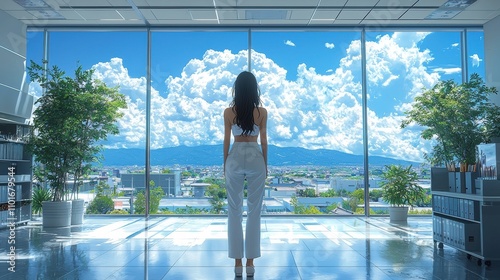 Free Download Cityscape Dream: Woman Gazing at Panoramic View  - GFXLoad