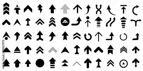 Collection of various black arrow icons in multiple styles and shapes, isolated on a white background.