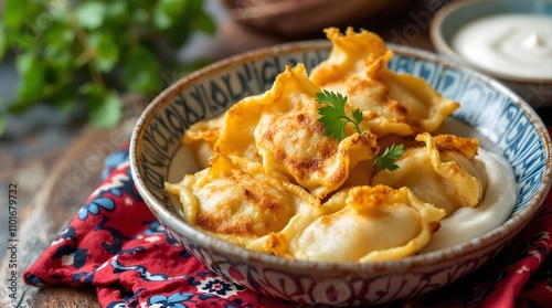 Qovurilgan Chuchvara dumplings pan-fried to golden perfection, served with yogurt (Uzbekistan Cuisine) photo