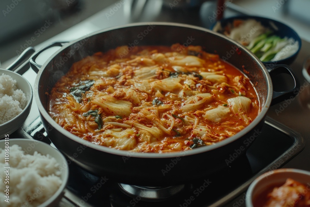 Kimchi stew simmering, rice bowls nearby. Kimchi stew simmering, rice bowls nearby.