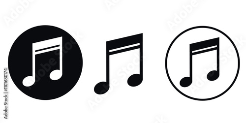 Set of black music note icons in different styles, including within a circle, isolated on a white background.