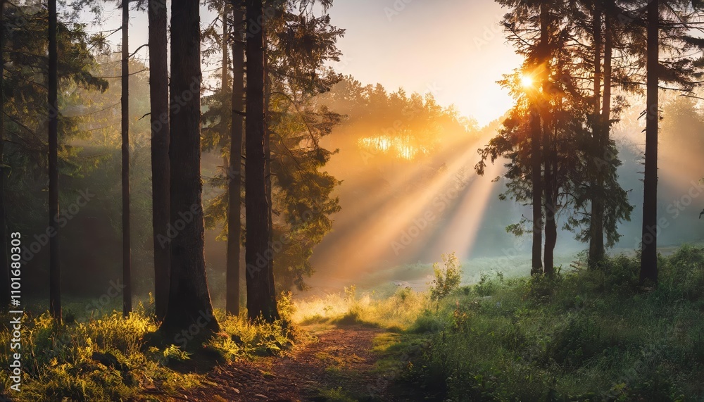 A serene sunrise in a dense forest, casting golden rays through the trees, illuminating misty pathways and creating a breathtaking interplay of light, shadows, and vibrant greenery all A serene sunrise in a dense forest, casting golden rays through the trees, illuminating misty pathways and creating a breathtaking interplay of light, shadows, and vibrant greenery all