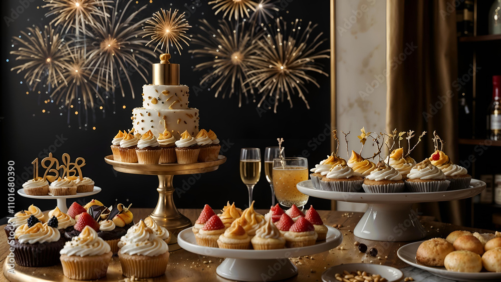 A table filled with decadent New Year's desserts, including elaborately decorated cakes, cupcakes, and fruits. Fireworks light up the background. A table filled with decadent New Year's desserts, including elaborately decorated cakes, cupcakes, and fruits. Fireworks light up the background.