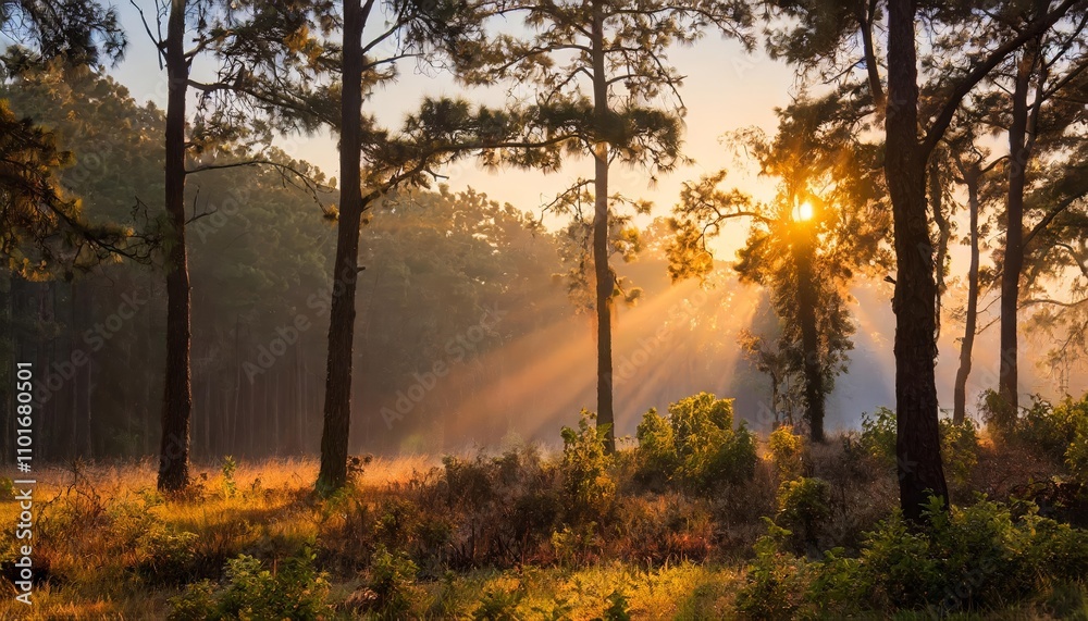 A Serene Sunrise Illuminating the Enchanting Forest, Capturing Natures Morning Beauty with Golden Rays Filtering Through Dense Trees, Creating a Tranquil and Mystical Woodland Scene A Serene Sunrise Illuminating the Enchanting Forest, Capturing Natures Morning Beauty with Golden Rays Filtering Through Dense Trees, Creating a Tranquil and Mystical Woodland Scene
