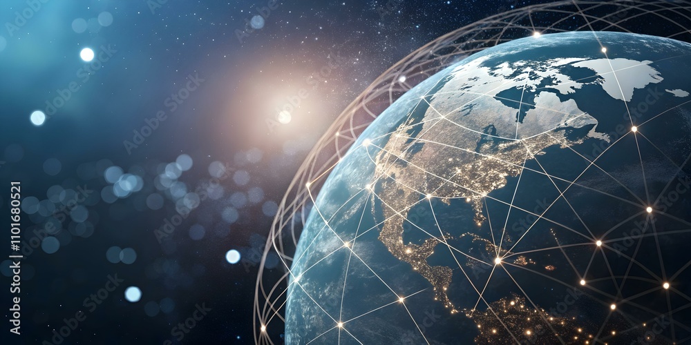 Naklejka premium Interconnected Line Globe on Soft Bokeh Background - Global Digital Connectivity Concept Photo