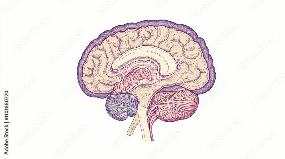 Human brain with detailed structure and lobes, isolated on white, medical accuracy, educational illustration