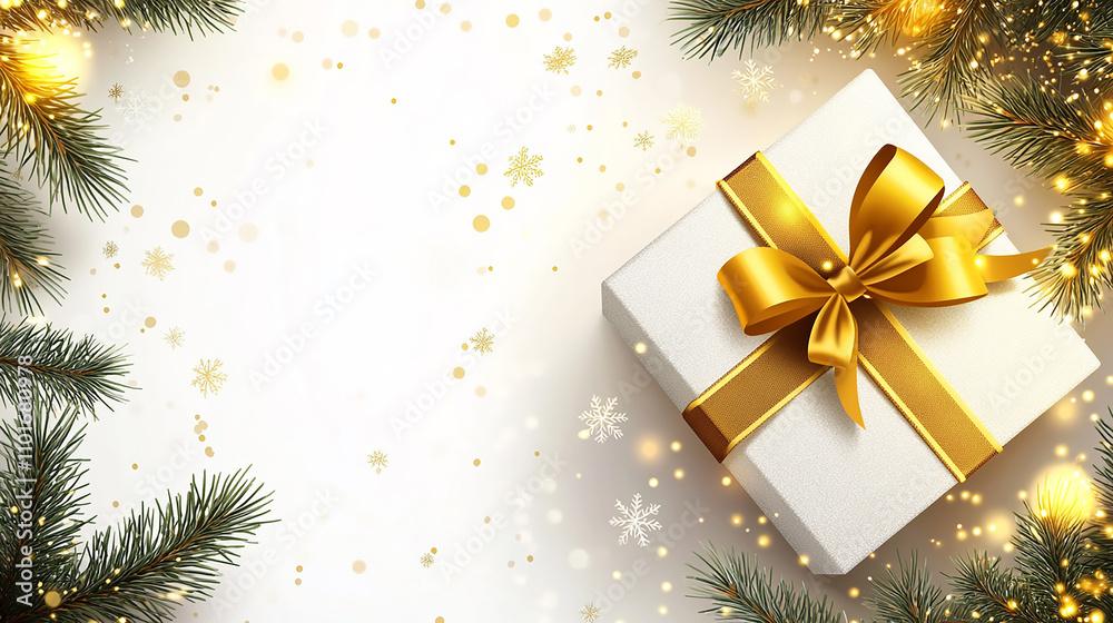 Christmas background with a gift box and golden ribbon, on a white background with pine branches and glowing lights. This design could be used for a Christmas card or greeting banner for the holiday s Christmas background with a gift box and golden ribbon, on a white background with pine branches and glowing lights. This design could be used for a Christmas card or greeting banner for the holiday s